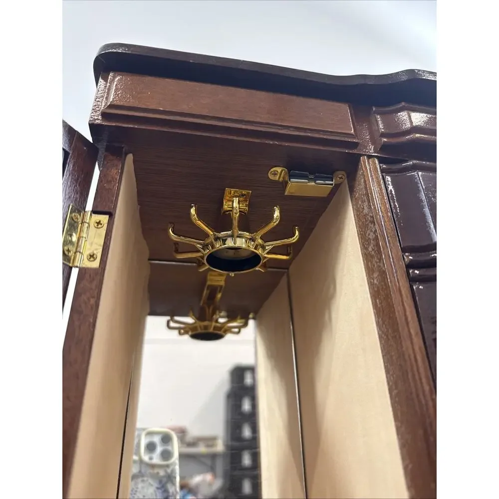 Vintage Dark Wooden Jewelry Box Armoire 2 Doors With Mirrors & 5 Drawers